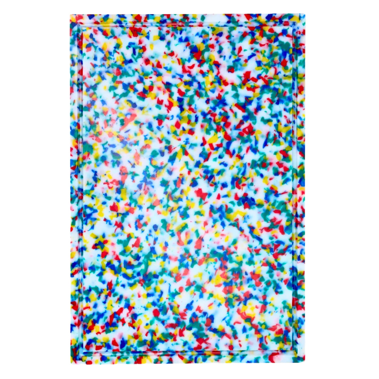 Rectangular plastic tray with a white base and multicolored confetti-like speckles in red, yellow, blue, and green—designed in the vibrant style of GrossyPelosi by Dan Pelosi.