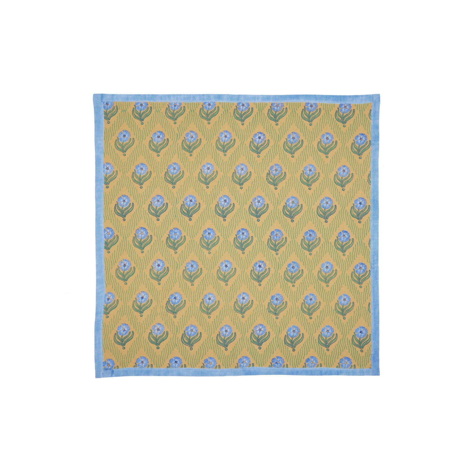 Square yellow cloth with blue floral pattern and a blue border, displayed flat on a white background—a vibrant touch inspired by Dan Pelosi’s unmistakable GrossyPelosi style.