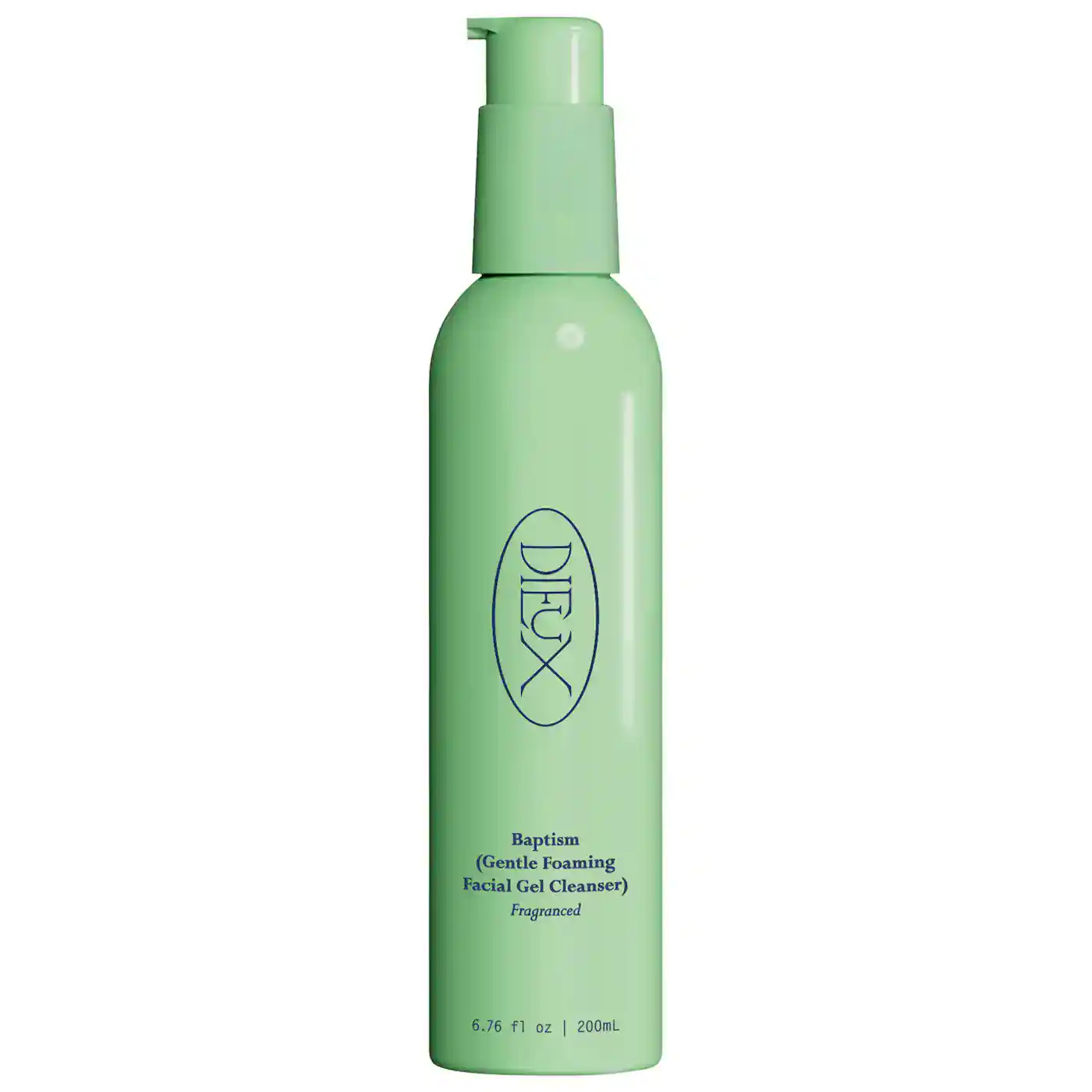 A light green bottle of Dieux Baptism Gentle Foaming Facial Gel Cleanser with a pump dispenser, labeled as fragranced, 200 ml size.