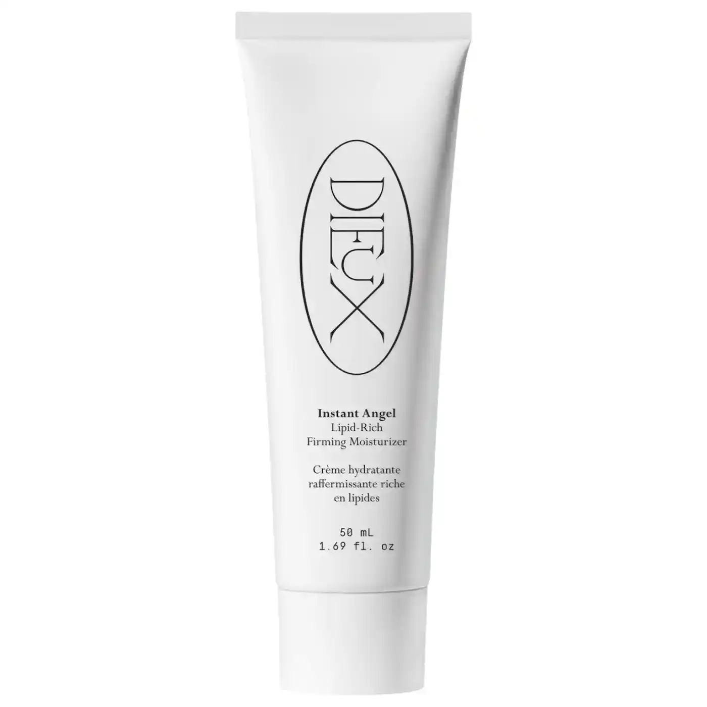 A white tube labeled “DEUX Instant Angel Lipid Rich Firming Moisturizer,” 50 mL, with product details in English and French.