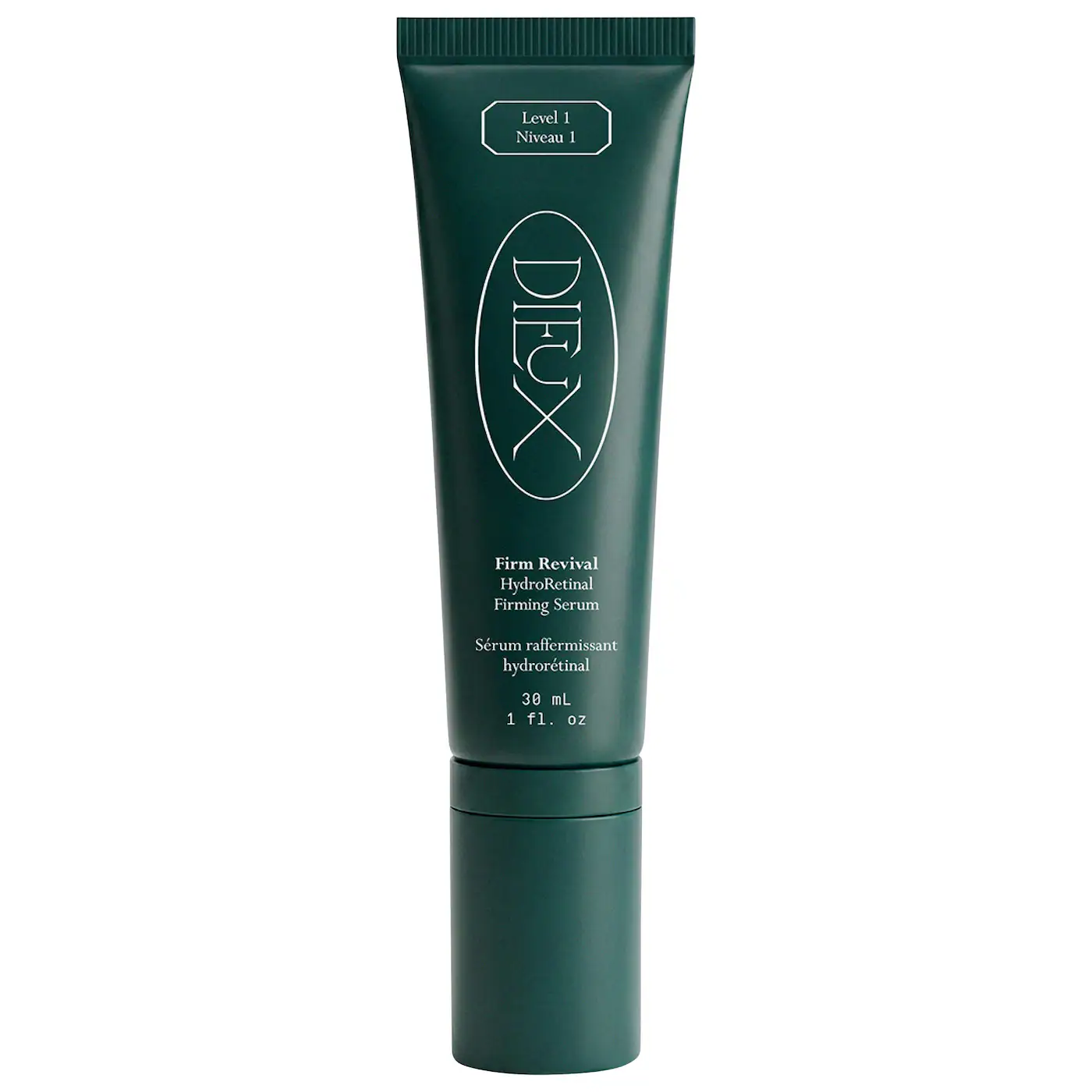 A green 1 fl. oz. tube labeled “DEUX Firm Revival HydroRetinal Firming Serum, Level 1” stands upright against a white background.
