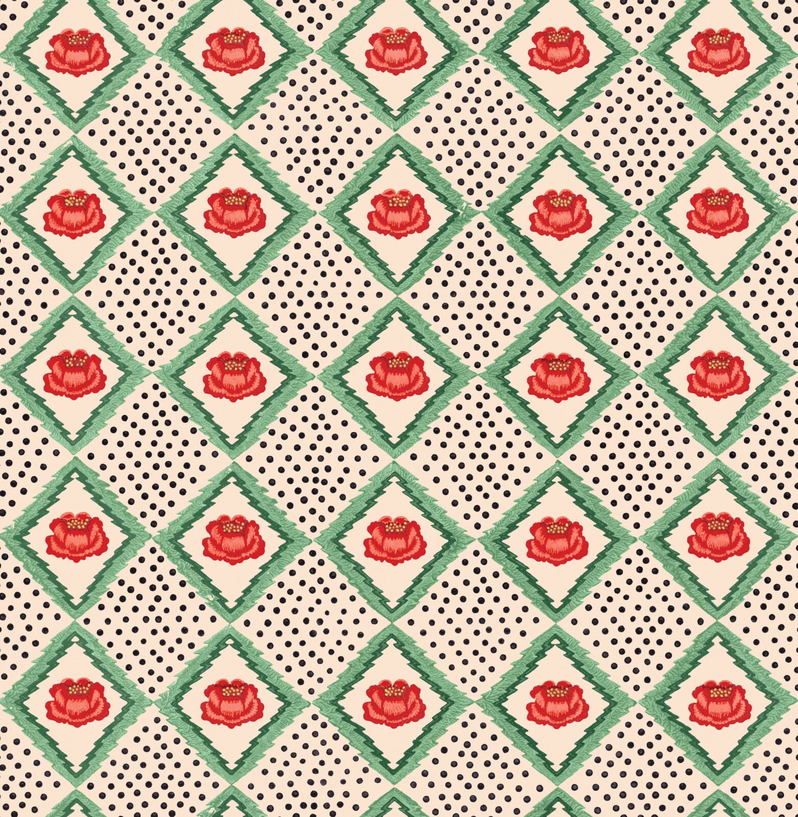 A repeating pattern of red roses inside green diamond shapes, set against a beige background with small black polka dots—a design inspired by Dan Pelosi’s signature GrossyPelosi style.