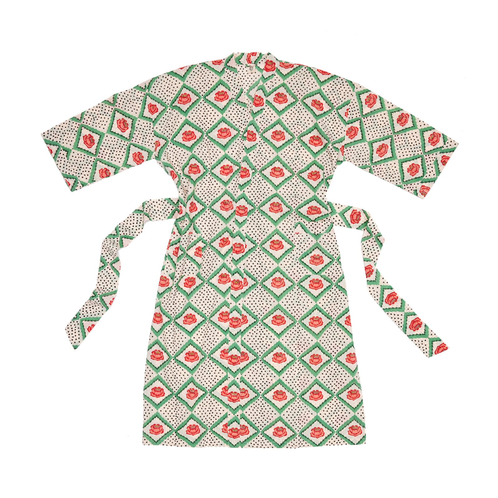 A patterned robe with a diamond and rose design in green, red, and white, inspired by Dan Pelosi’s signature GrossyPelosi style, featuring wide sleeves and two long waist ties.