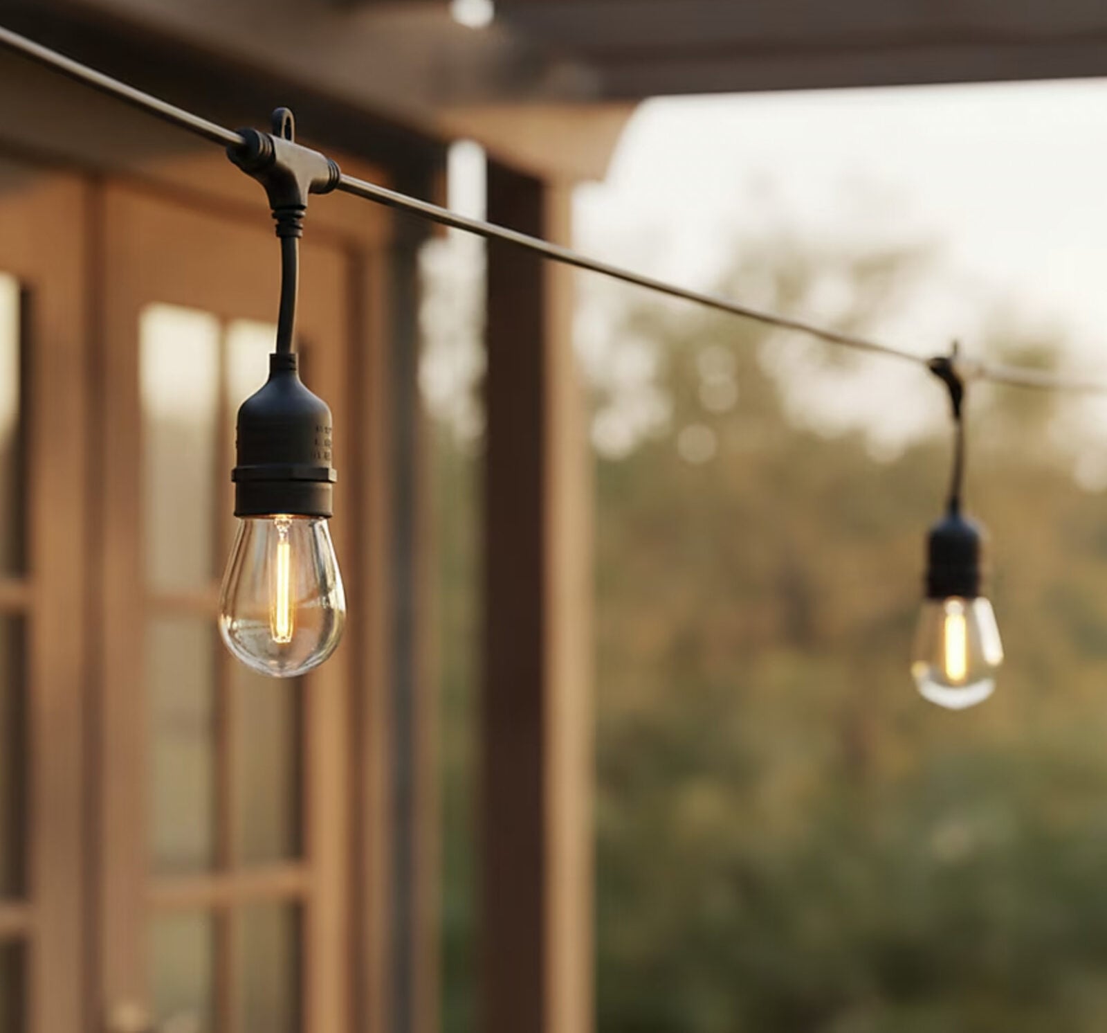 Two hanging string lights with visible filaments are strung outdoors near a wooden structure, with trees and soft sunlight in the background.