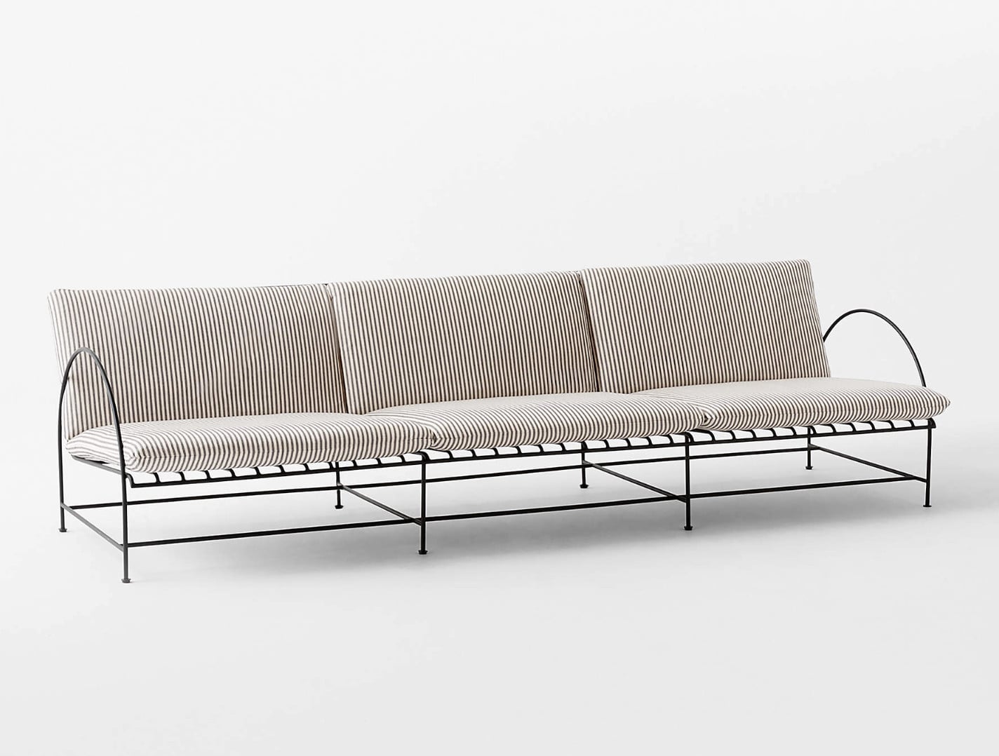A minimalist sofa with a black metal frame and three beige-and-white striped cushions against a plain white background.