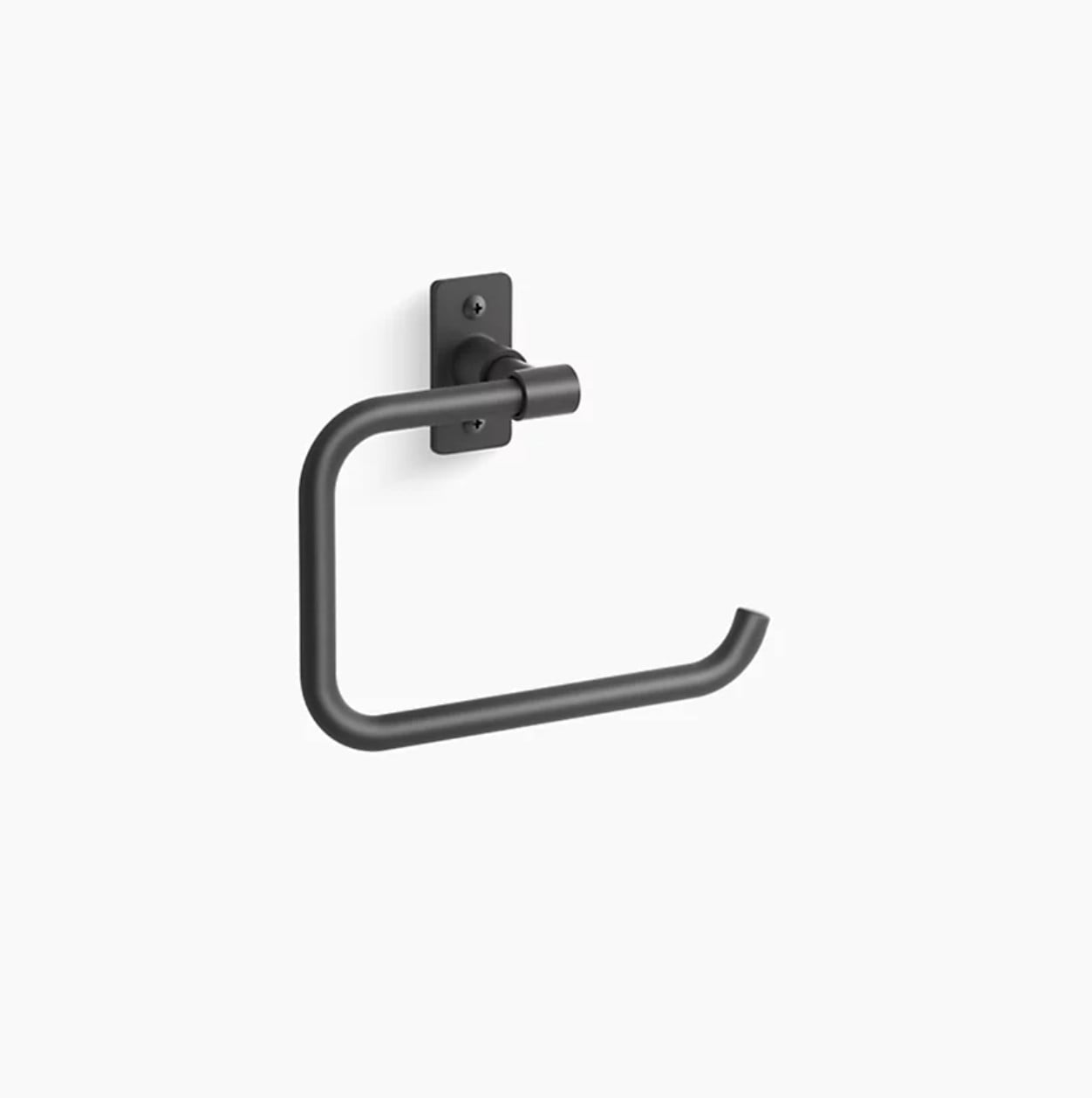 Matte black wall-mounted toilet paper holder with a rectangular base plate and an open-ended horizontal arm, shown against a plain white background.