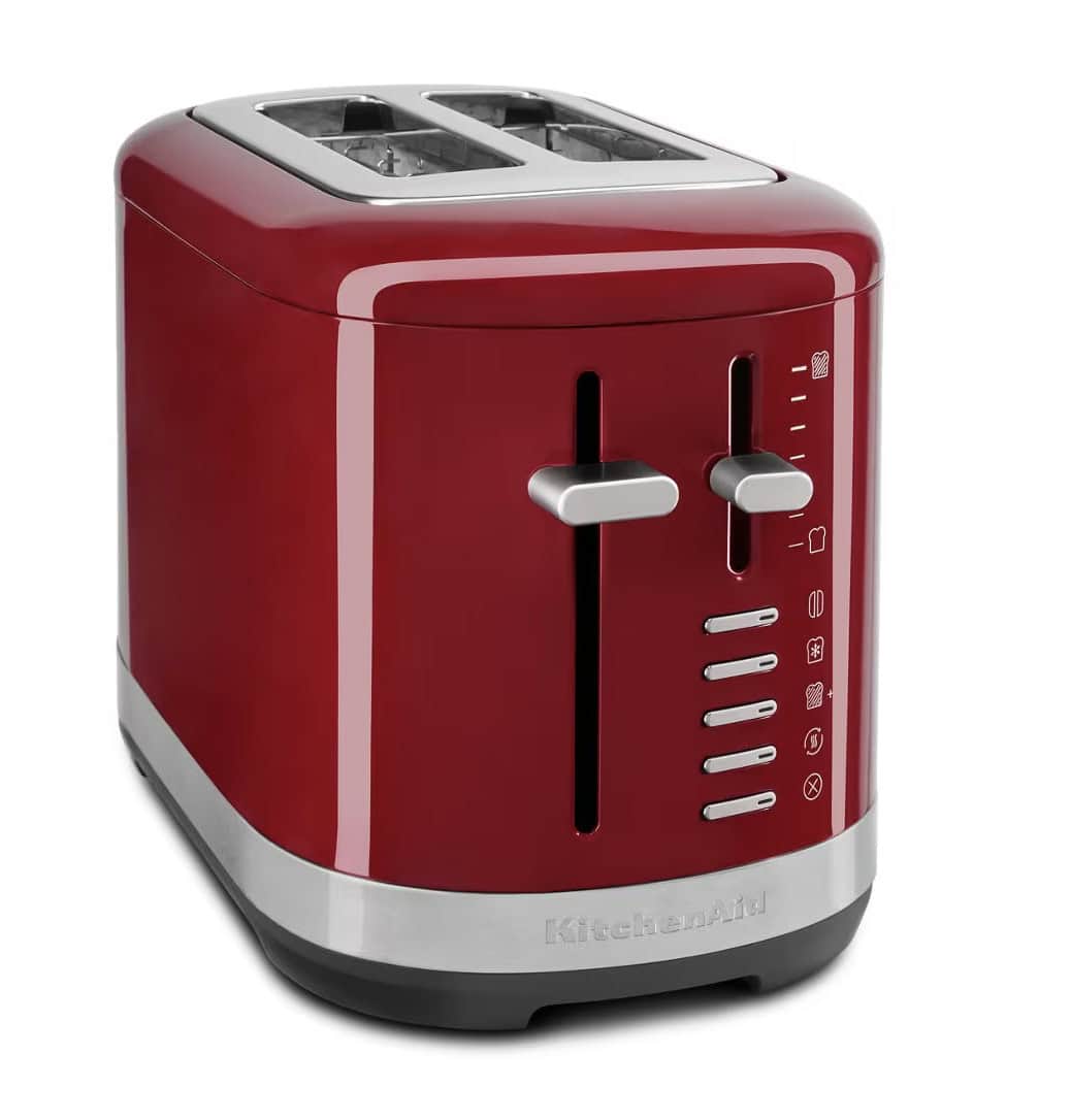 KitchenAid two-slice toaster in red with adjustable shade settings and function buttons.