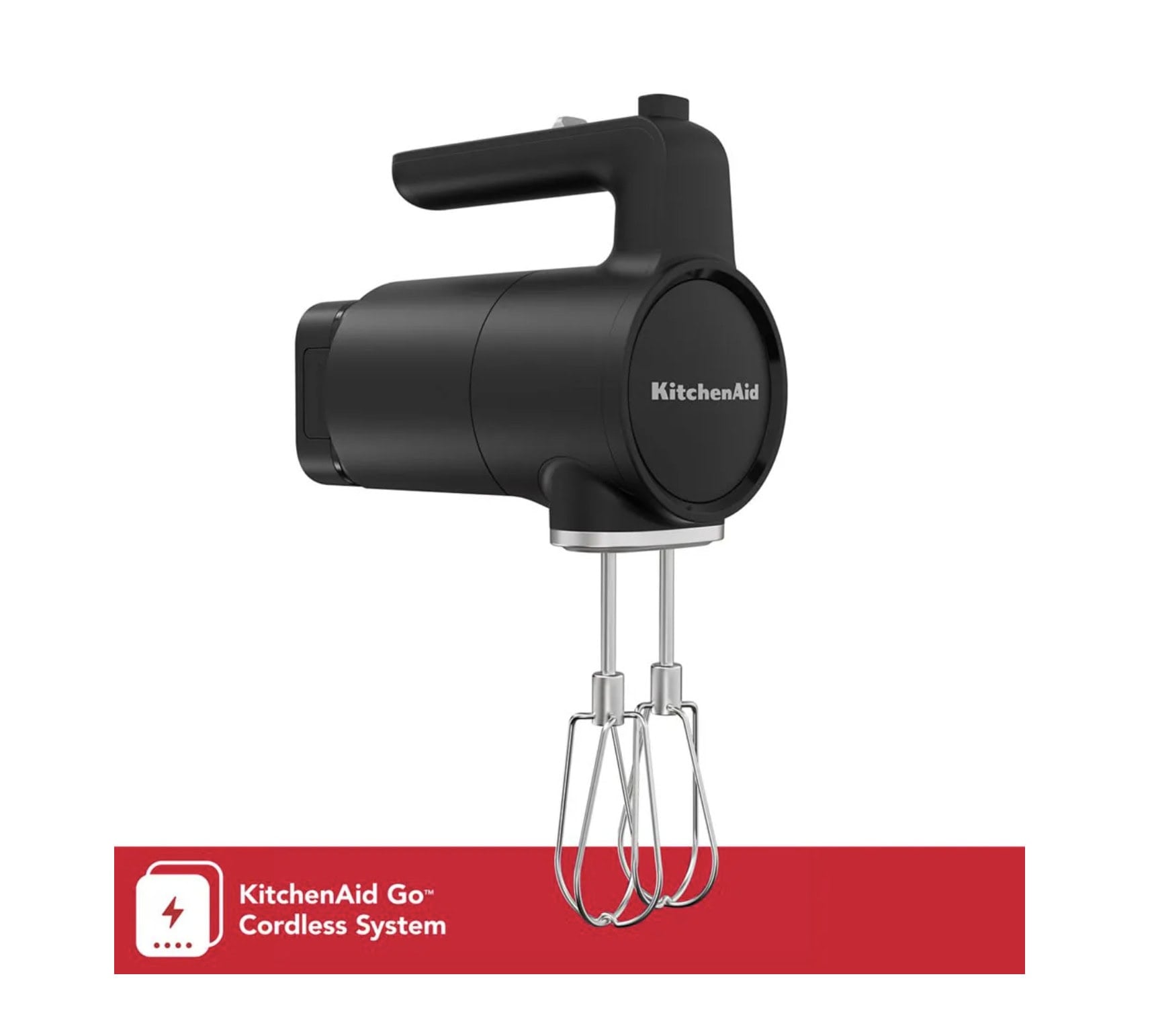 Black KitchenAid cordless hand mixer with two beaters, above a red banner reading “KitchenAid Go Cordless System.”.