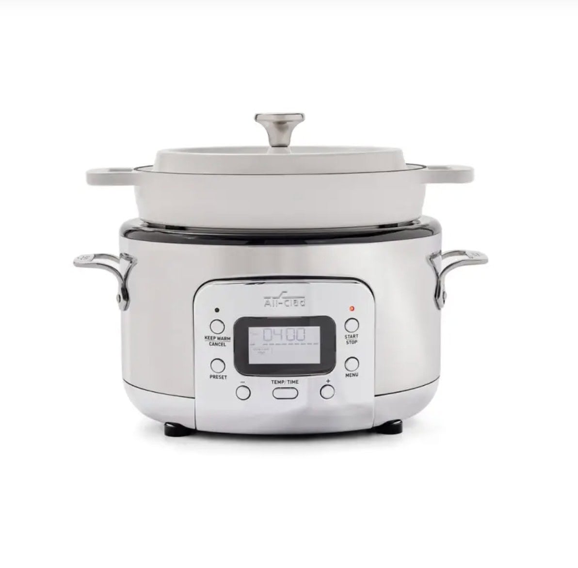 All-Clad multicooker with a stainless steel base, digital display, and white ceramic lid.