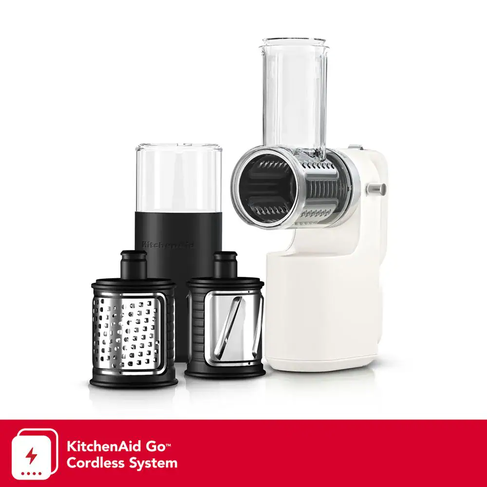 KitchenAid Go cordless food slicer and shredder attachment with three interchangeable blades.