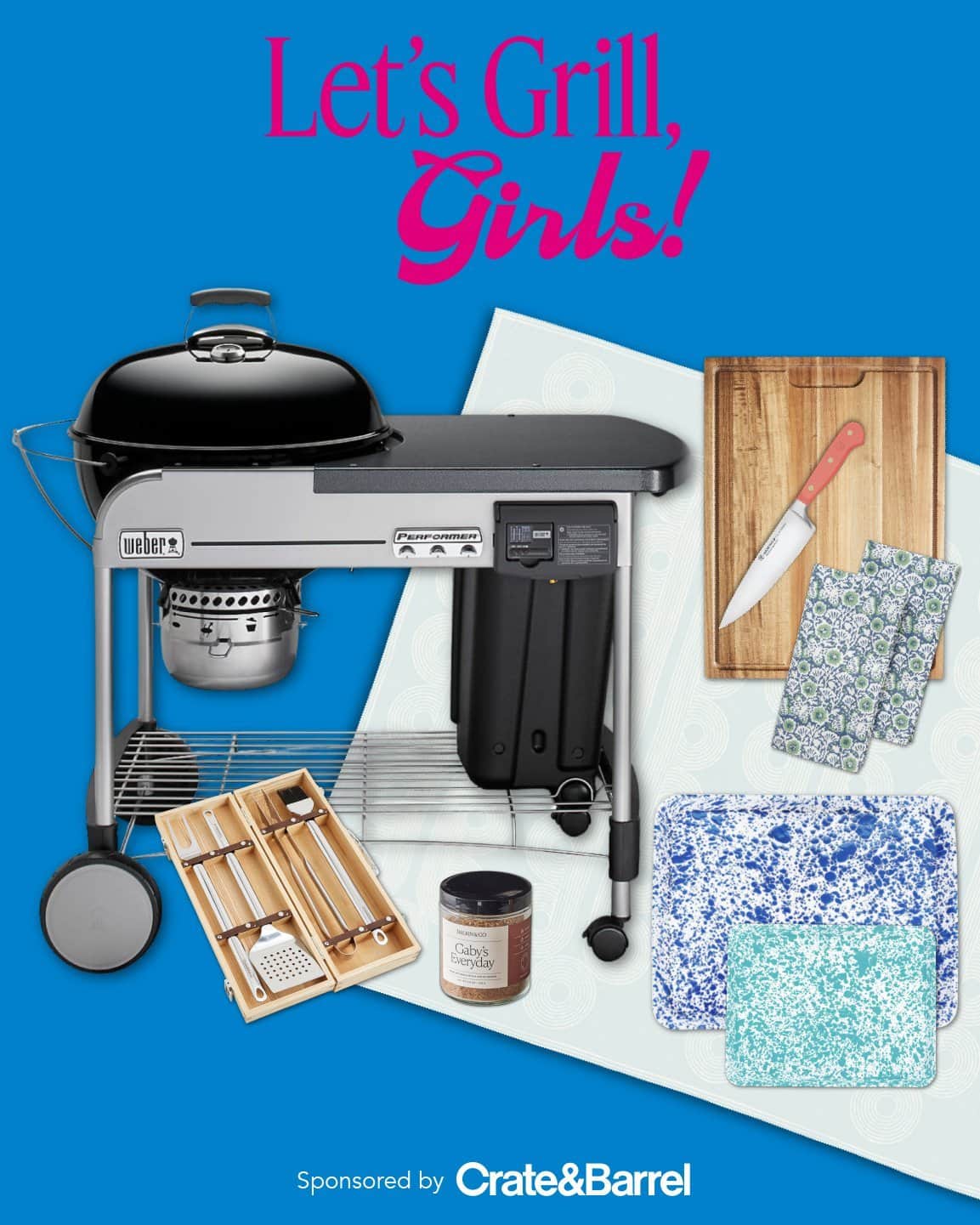 A charcoal grill, grilling utensils, wooden cutting board with knife, jar of spice rub, oven mitts, and two patterned trays on a blue background with "Let's Grill, Girls!" text above.