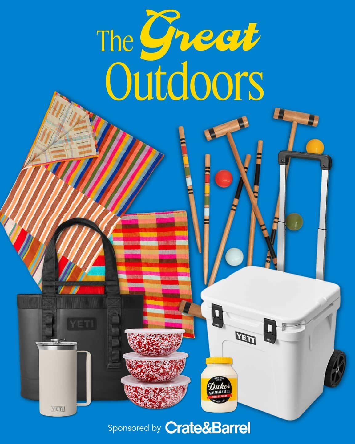 A collection of outdoor items, including striped blankets, croquet set, cooler, insulated mug, tote bag, red speckled bowls, and a jar of mustard, on a blue background with "The Great Outdoors" text.