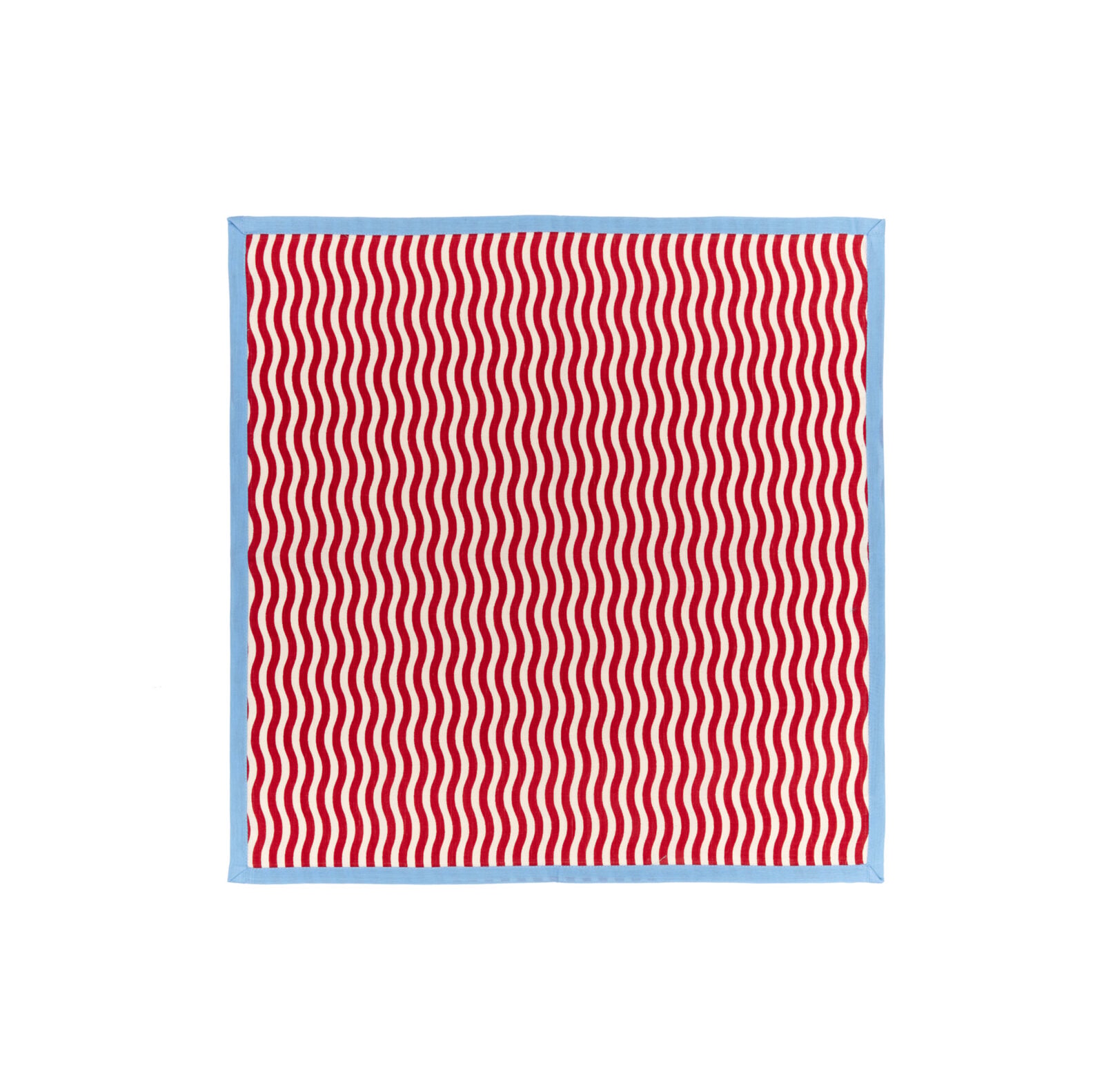 A square textile with red and white wavy stripes, bordered by a light blue edge, centered on a white background—perfectly capturing the signature style of GrossyPelosi by Dan Pelosi.