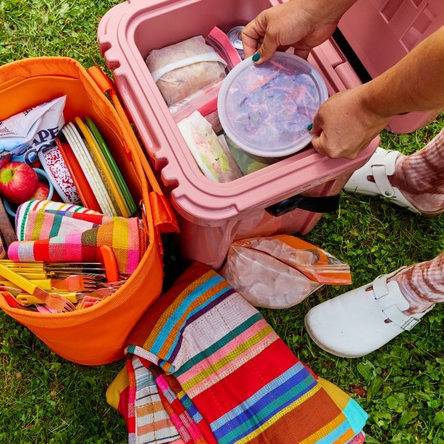 Person packing a pink cooler with food containers next to an orange bag with plates, cutlery, an apple, and napkins. A colorful striped blanket is spread on the grass.