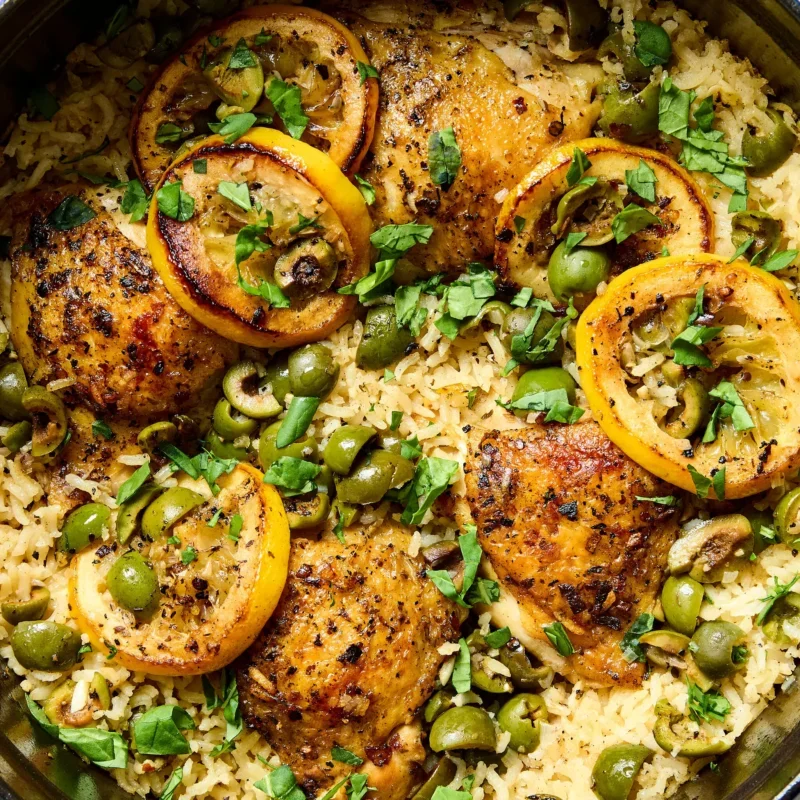 Close-up of baked chicken thighs with lemon slices, green olives, and chopped herbs on a bed of seasoned rice.